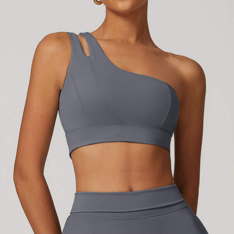 Fashionable Design Gray Yoga Bra One Shoulder Strap Removable Cups Gym Bra High Elastic Breathable Fitness Bra