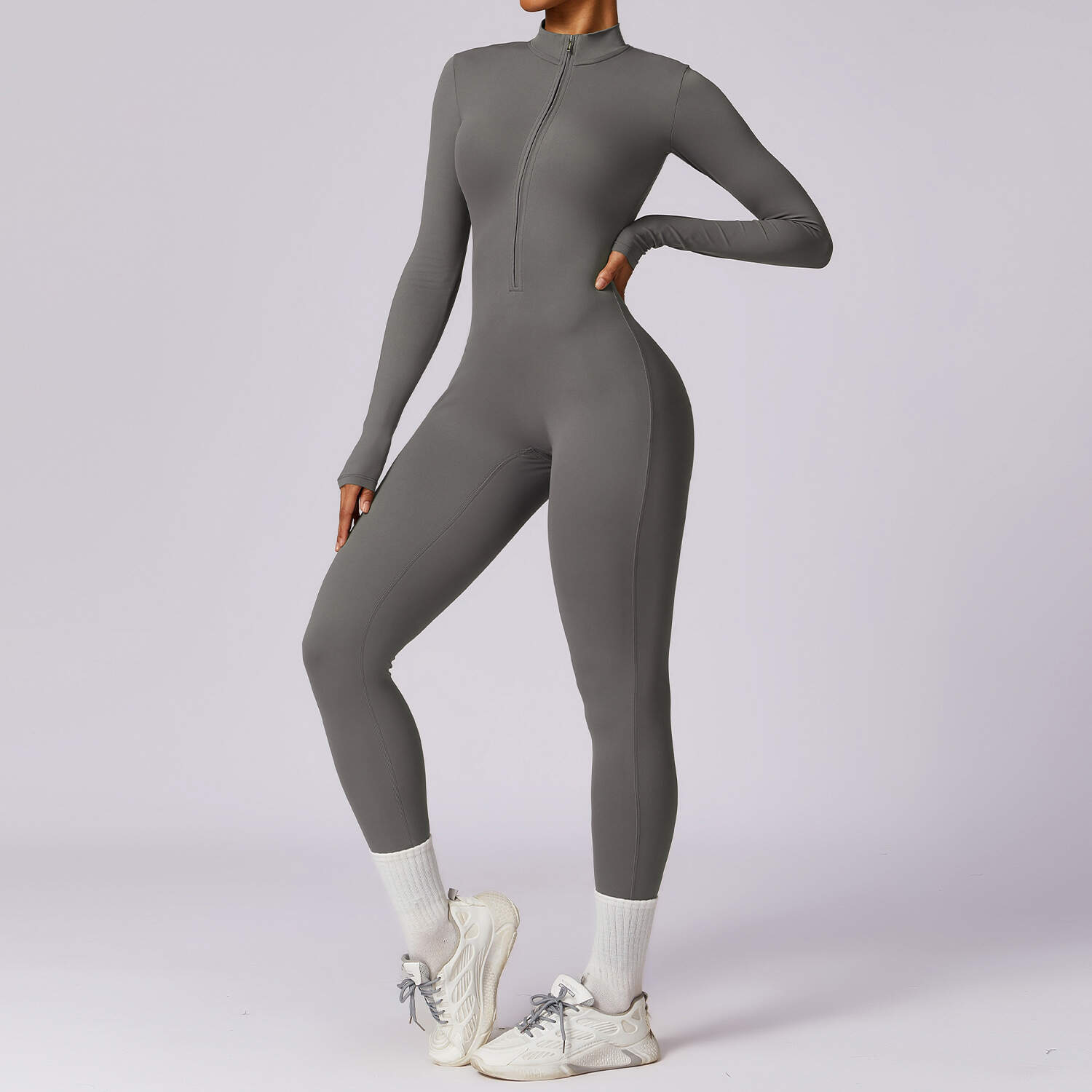 Custom logo One Piece Bodysuit Half-zip Long-sleeved Slim Fit Jumpsuit Fitness Workout Sports Yoga Jumpsuit For Women