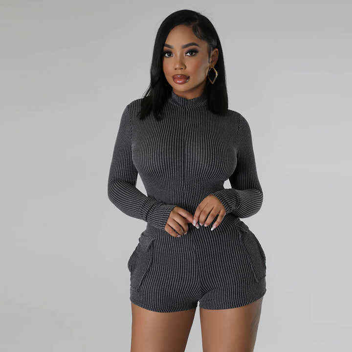 Casual Sports Stretch V Neck Slim Long Sleeve One Piece Romper Short Cargo Jumpsuit
