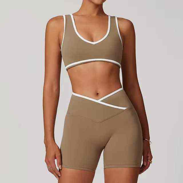 Custom Color Contrast Sleeveless Gym Fitness Top Sports Bra Workout Shorts Wear Wide Straps Shockproof Women's 2pcs Yoga Set