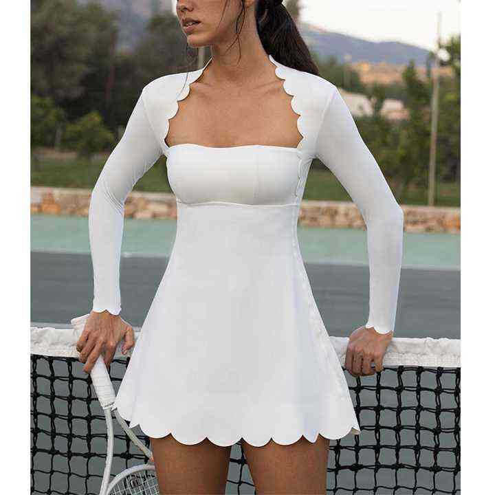 Custom High Quality Breathable Long Sleeve Square Neck Scallop a Line Active Workout Sports Tennis Dress for Women