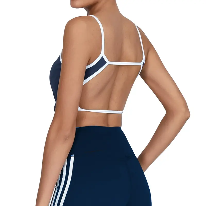 backless sports bra top, contrast color yoga top, women’s fitness tank bra, lightweight activewear tank, built-in yoga bra, open back tank top, workout top for women, custom sports bra top