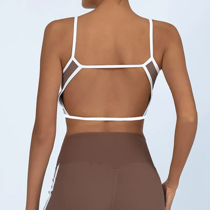backless sports bra top, contrast color yoga top, women’s fitness tank bra, lightweight activewear tank, built-in yoga bra, open back tank top, workout top for women, custom sports bra top