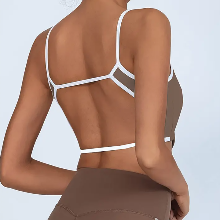 backless sports bra top, contrast color yoga top, women’s fitness tank bra, lightweight activewear tank, built-in yoga bra, open back tank top, workout top for women, custom sports bra top