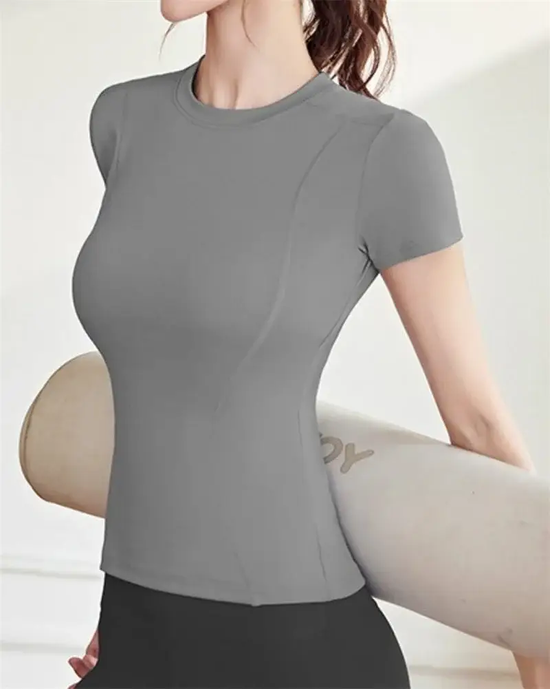 women yoga t-shirt, slim fit workout top, quick dry short sleeve, crew neck sports tee, fitness yoga blouse