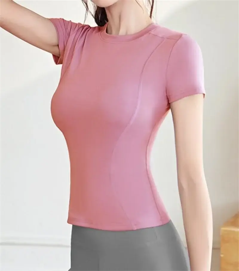 women yoga t-shirt, slim fit workout top, quick dry short sleeve, crew neck sports tee, fitness yoga blouse