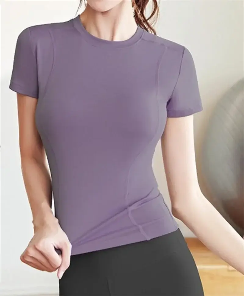 women yoga t-shirt, slim fit workout top, quick dry short sleeve, crew neck sports tee, fitness yoga blouse