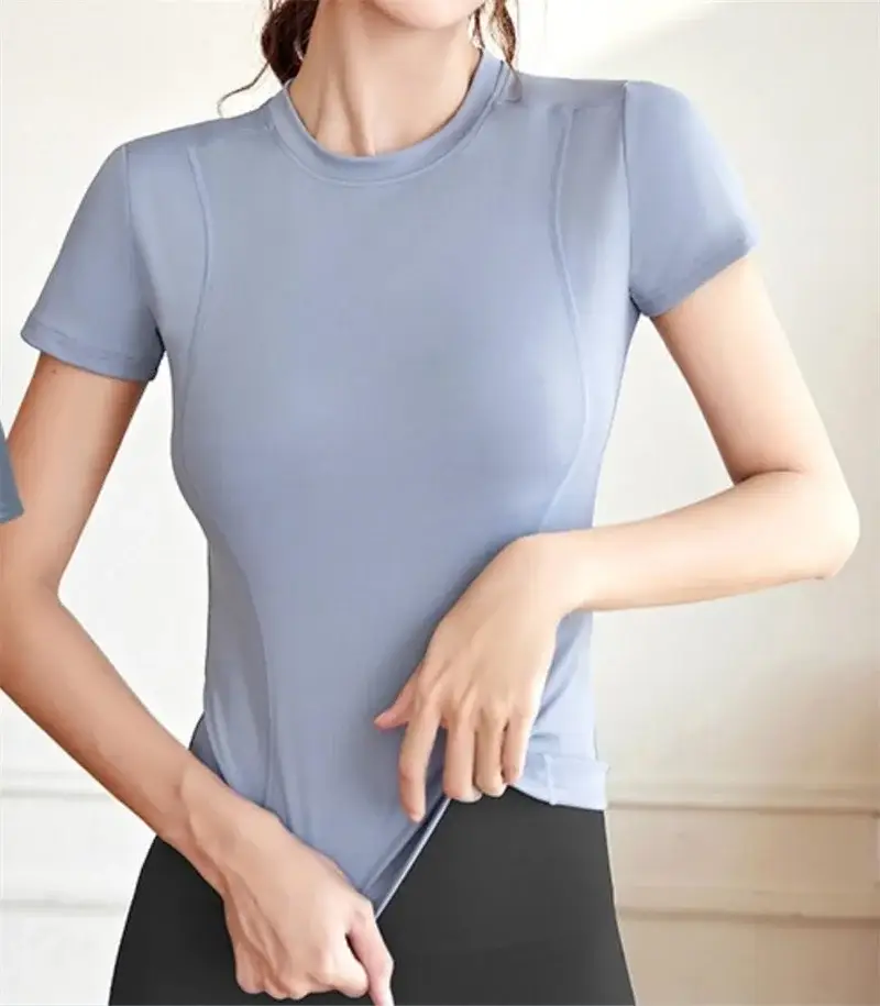 women yoga t-shirt, slim fit workout top, quick dry short sleeve, crew neck sports tee, fitness yoga blouse