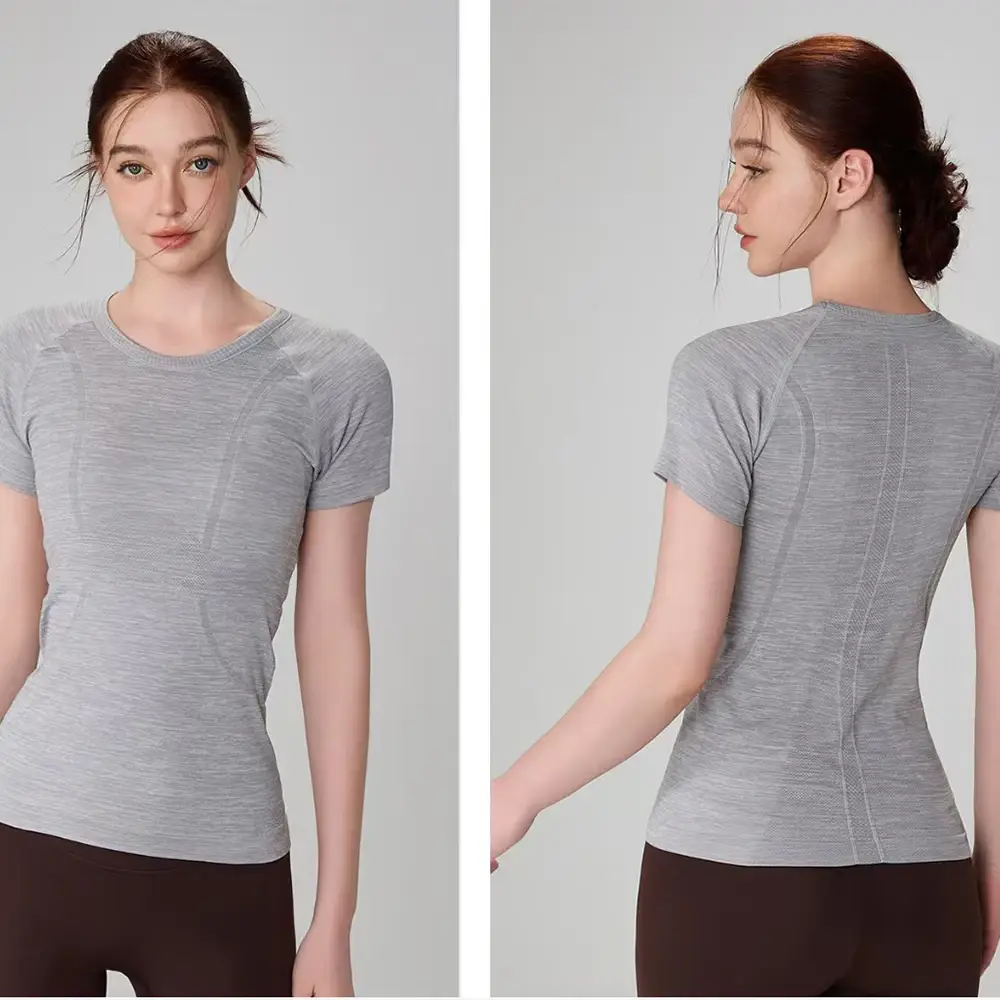 seamless yoga top, women’s fitness t-shirt, gym short sleeve shirt, breathable workout top, slim fit sport shirt