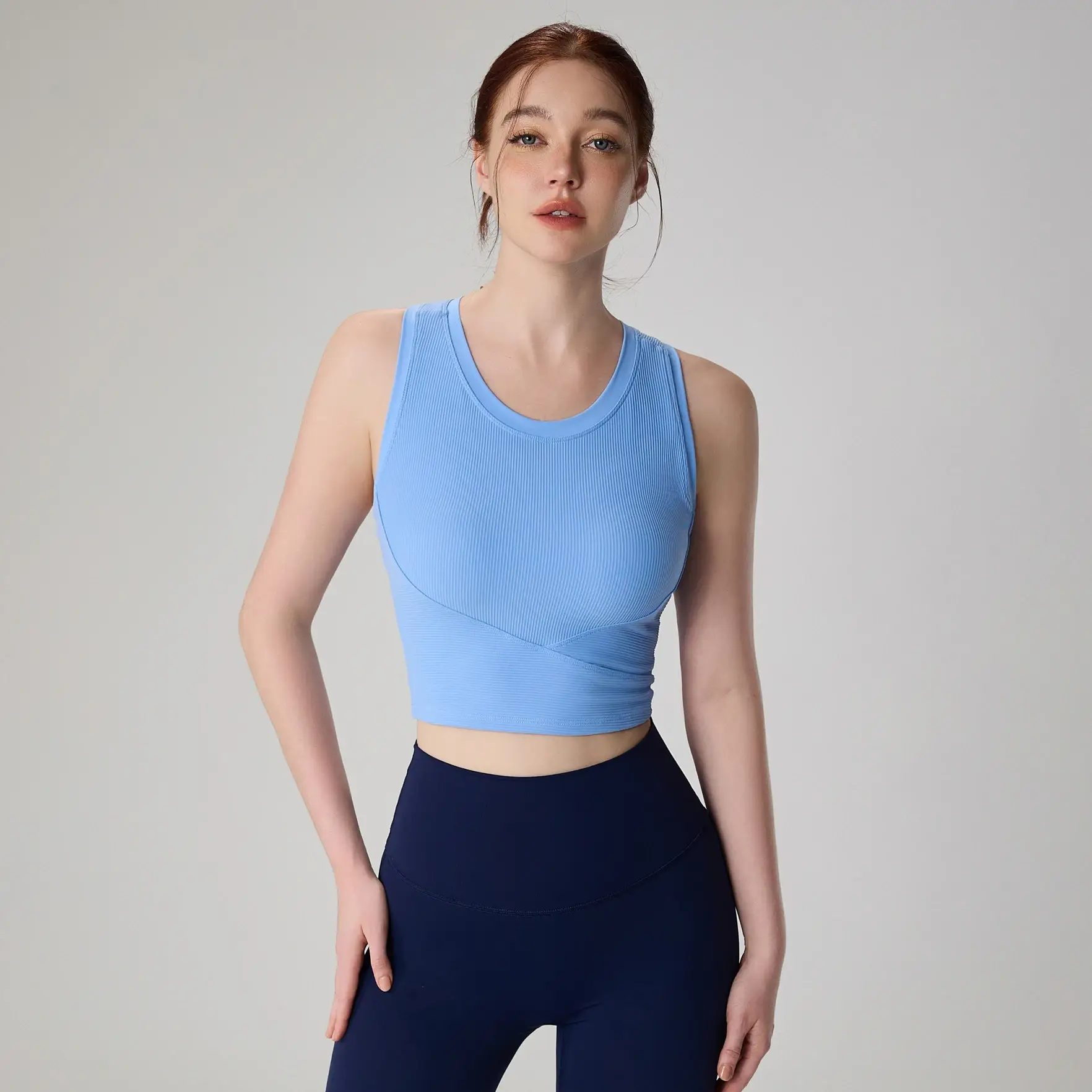 ribbed yoga tank top, fixed cups sports bra, shockproof fitness vest, stretchy workout top women, gym yoga bra top