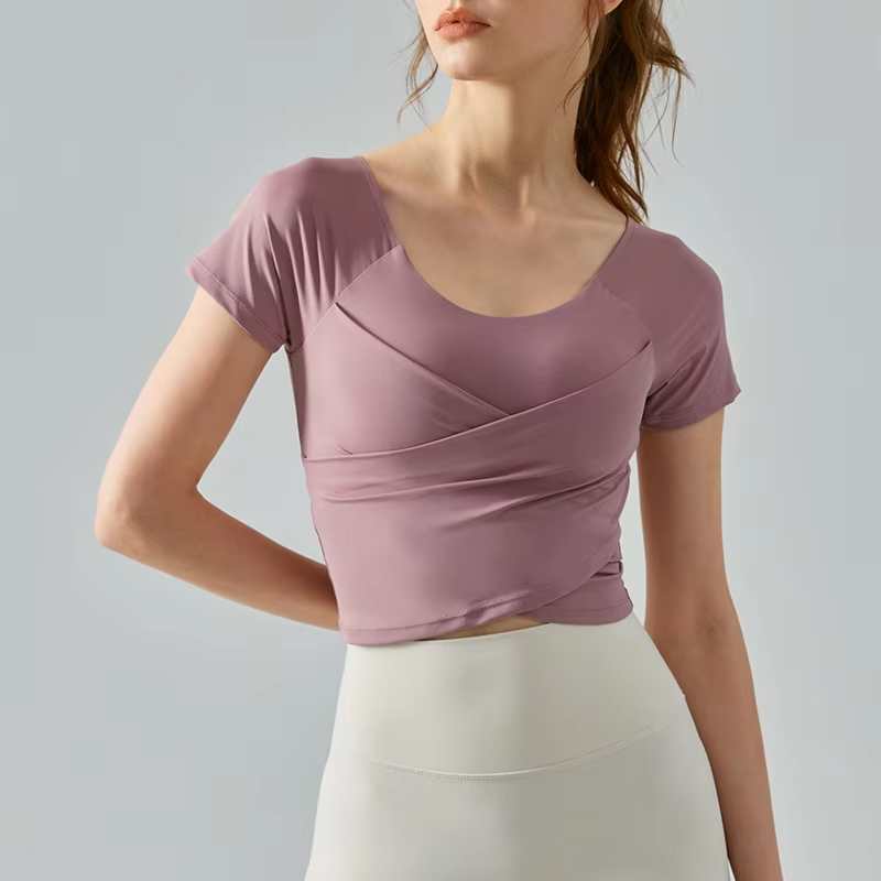 yoga t-shirt built-in bra, cross pleated workout shirt, nude feel slim fit top, women fitness short sleeve, slimming yoga suit
