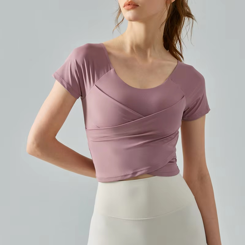 yoga t-shirt built-in bra, cross pleated workout shirt, nude feel slim fit top, women fitness short sleeve, slimming yoga suit