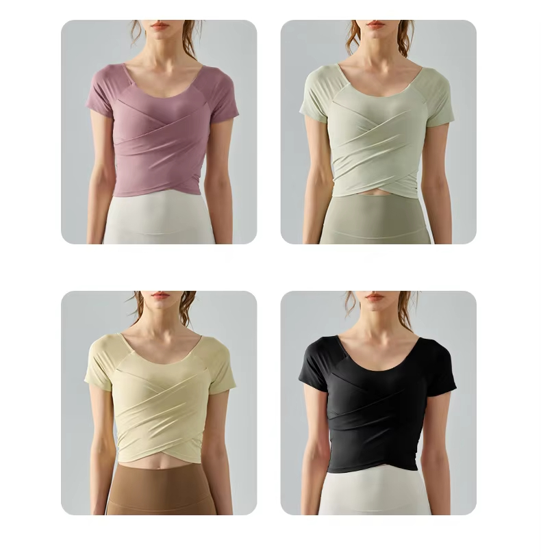 yoga t-shirt built-in bra, cross pleated workout shirt, nude feel slim fit top, women fitness short sleeve, slimming yoga suit