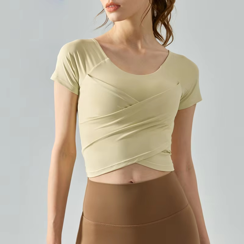 yoga t-shirt built-in bra, cross pleated workout shirt, nude feel slim fit top, women fitness short sleeve, slimming yoga suit