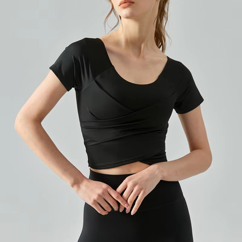 yoga t-shirt built-in bra, cross pleated workout shirt, nude feel slim fit top, women fitness short sleeve, slimming yoga suit