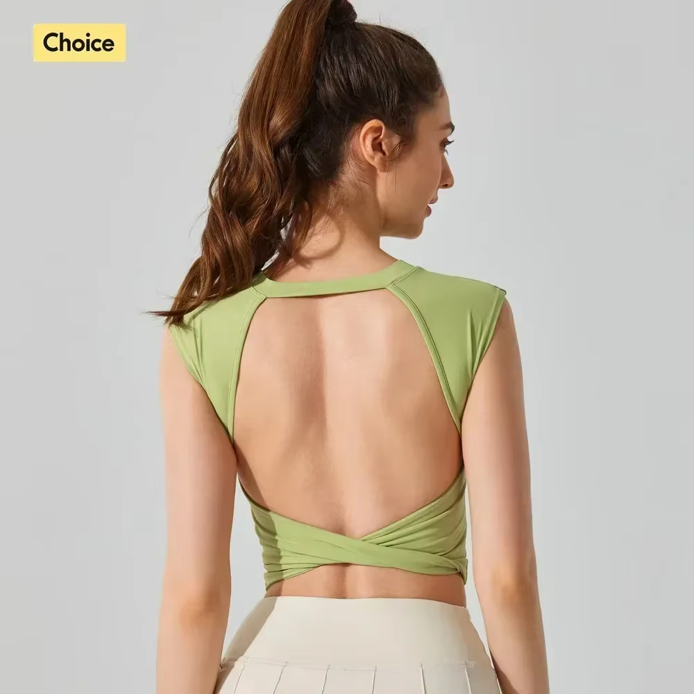 backless sports shirt, short sleeve yoga top, slim waist gym tee, padded fitness vest, breathable workout shirt