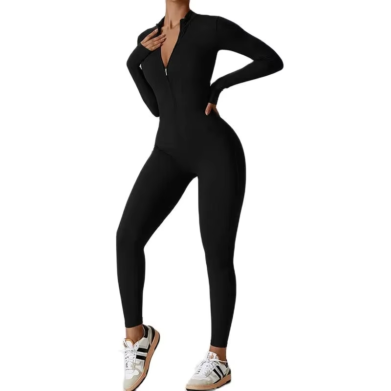 yoga jumpsuit for women, zip up fitness bodysuit, one-piece gym wear, tight fitting workout suit, long sleeve athletic jumpsuit