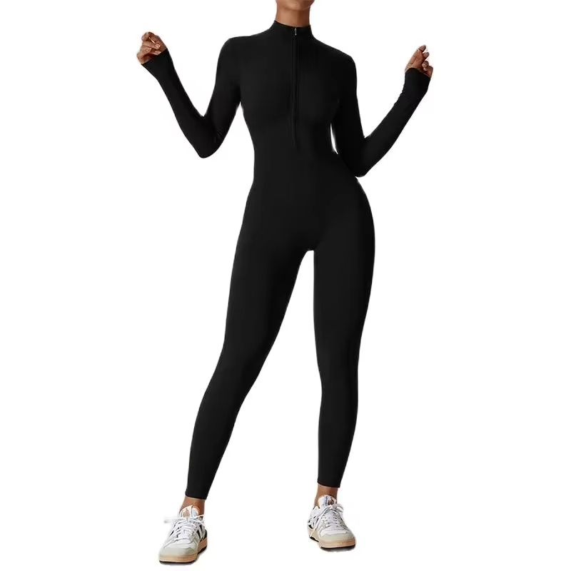 yoga jumpsuit for women, zip up fitness bodysuit, one-piece gym wear, tight fitting workout suit, long sleeve athletic jumpsuit