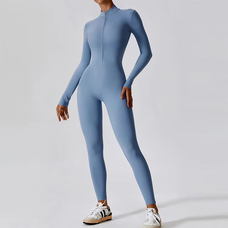 yoga jumpsuit for women, zip up fitness bodysuit, one-piece gym wear, tight fitting workout suit, long sleeve athletic jumpsuit