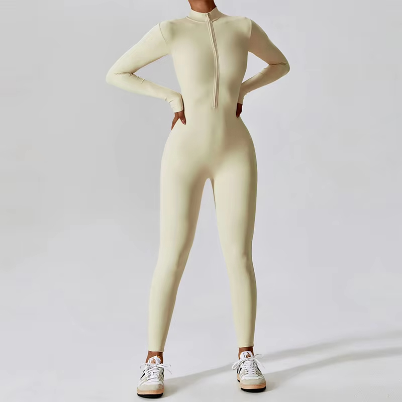 yoga jumpsuit for women, zip up fitness bodysuit, one-piece gym wear, tight fitting workout suit, long sleeve athletic jumpsuit