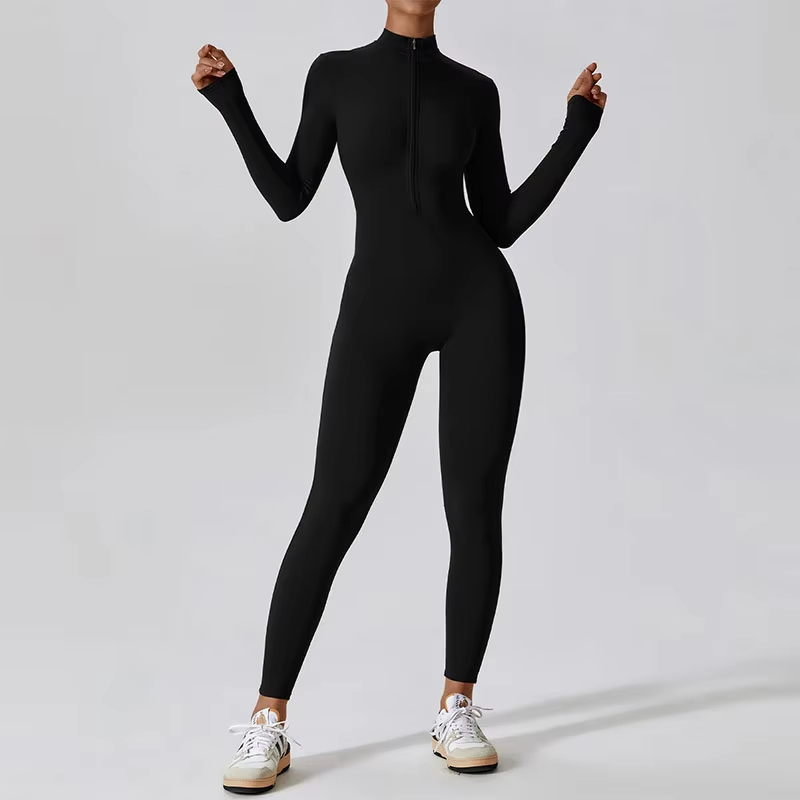 yoga jumpsuit for women, zip up fitness bodysuit, one-piece gym wear, tight fitting workout suit, long sleeve athletic jumpsuit