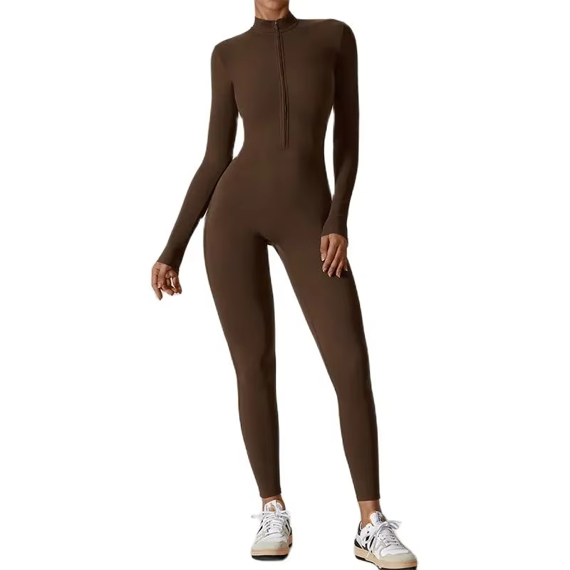 yoga jumpsuit for women, zip up fitness bodysuit, one-piece gym wear, tight fitting workout suit, long sleeve athletic jumpsuit