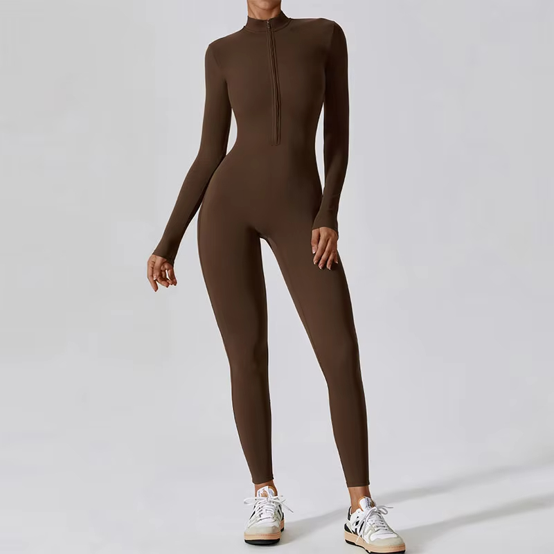 yoga jumpsuit for women, zip up fitness bodysuit, one-piece gym wear, tight fitting workout suit, long sleeve athletic jumpsuit