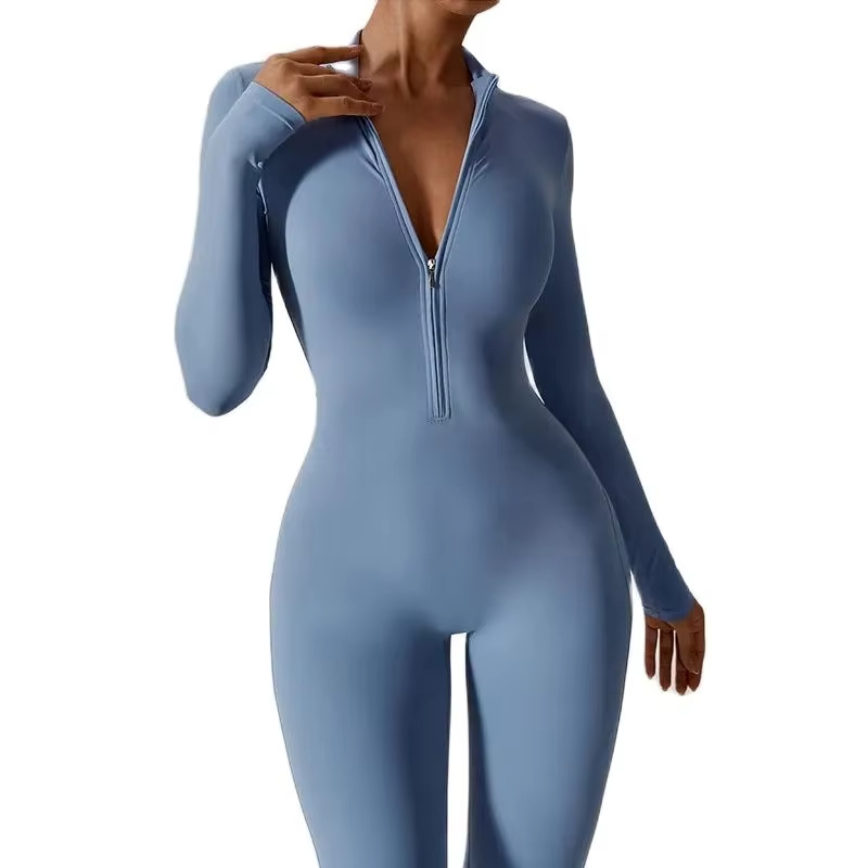 yoga jumpsuit for women, zip up fitness bodysuit, one-piece gym wear, tight fitting workout suit, long sleeve athletic jumpsuit