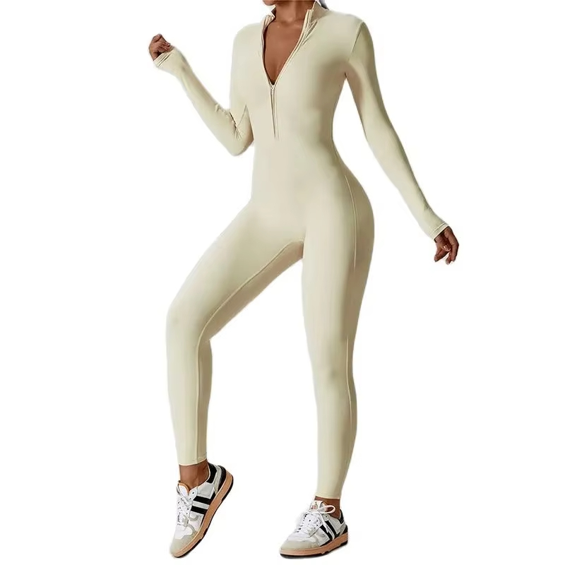 yoga jumpsuit for women, zip up fitness bodysuit, one-piece gym wear, tight fitting workout suit, long sleeve athletic jumpsuit