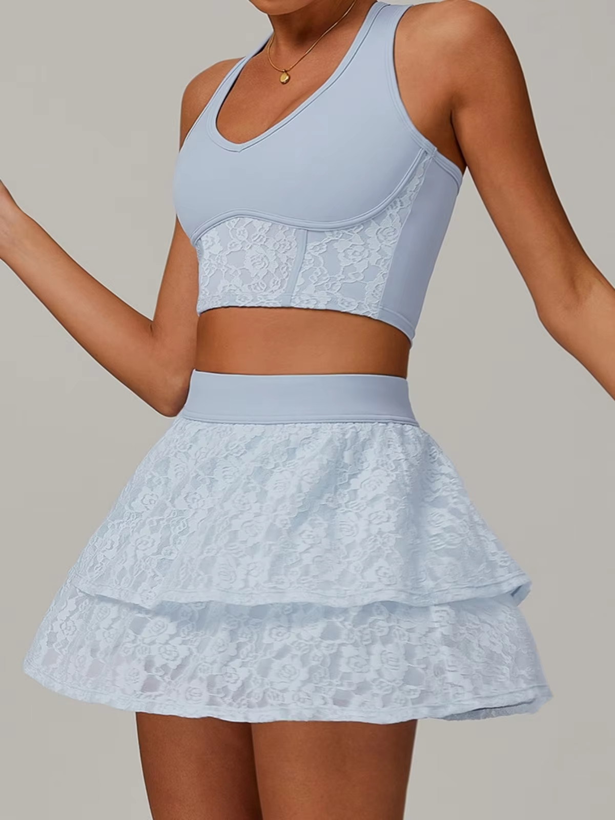 Women’s Lace Mesh Yoga & Sports Skirt Set with Built-In Shorts
