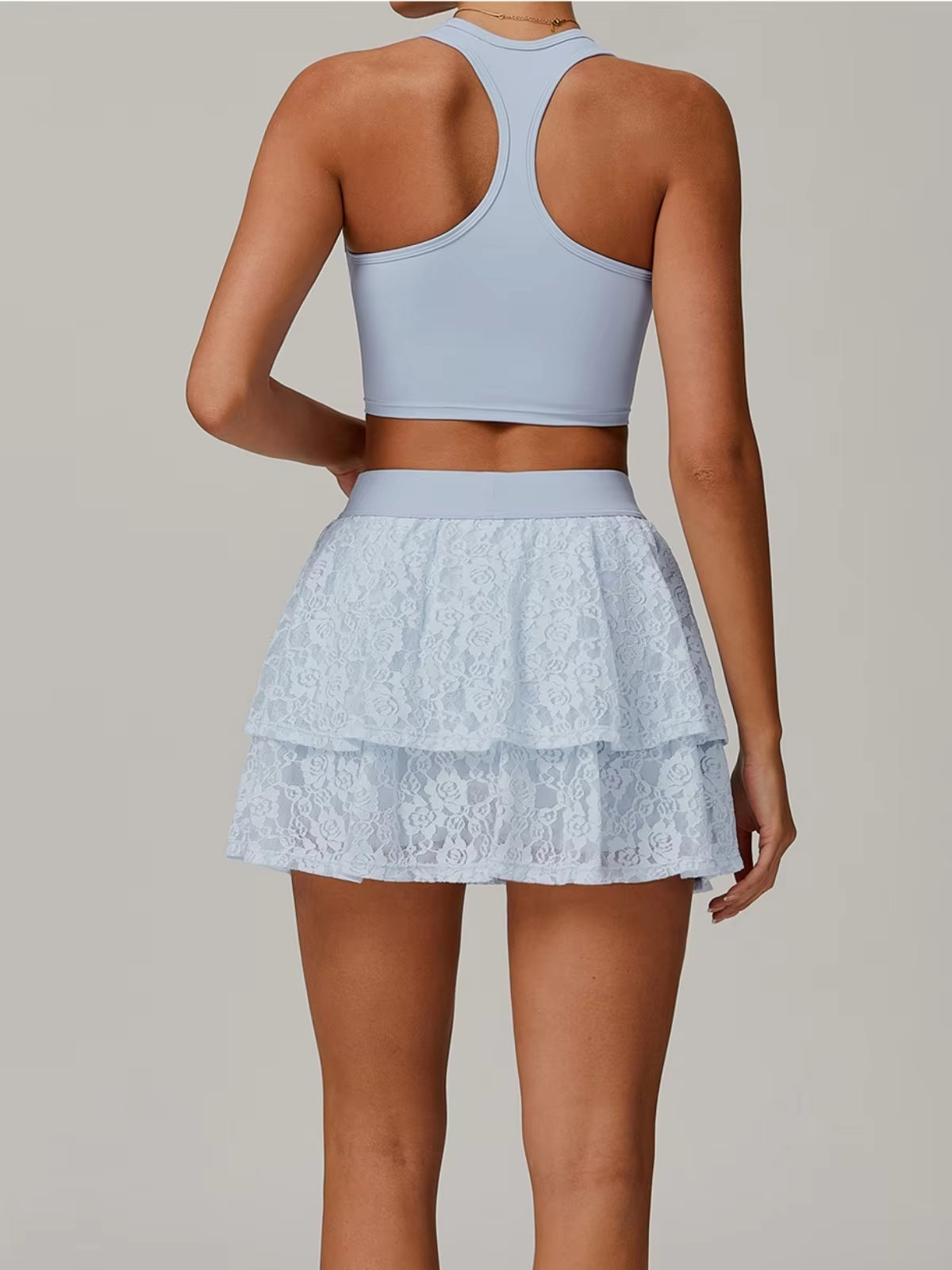 lace yoga set, mesh workout outfit, sports skirt with shorts, women’s fitness golf set, high waist athletic skirt