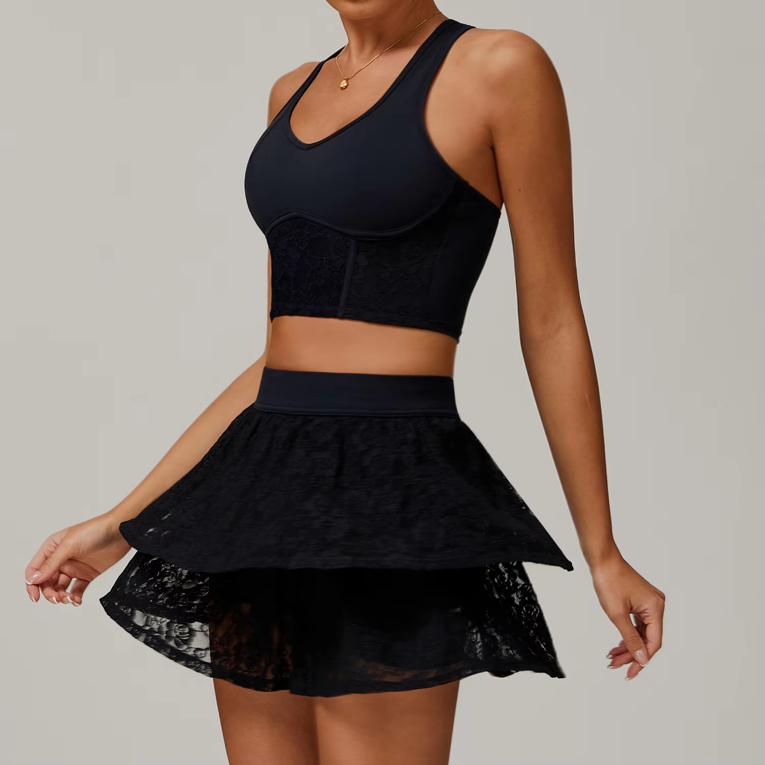 lace yoga set, mesh workout outfit, sports skirt with shorts, women’s fitness golf set, high waist athletic skirt