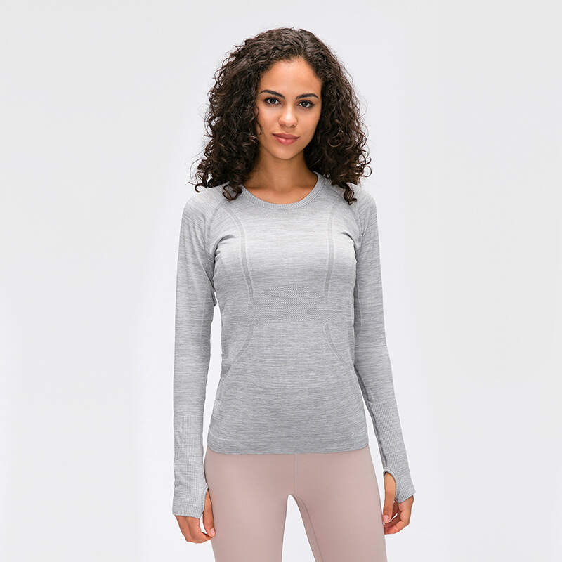 women seamless shirt, gym long sleeve top, yoga thumb hole shirt, fitness running shirt, sweat-wicking activewear