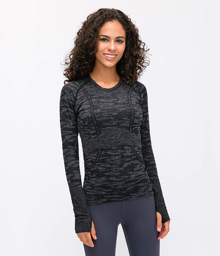 women seamless shirt, gym long sleeve top, yoga thumb hole shirt, fitness running shirt, sweat-wicking activewear