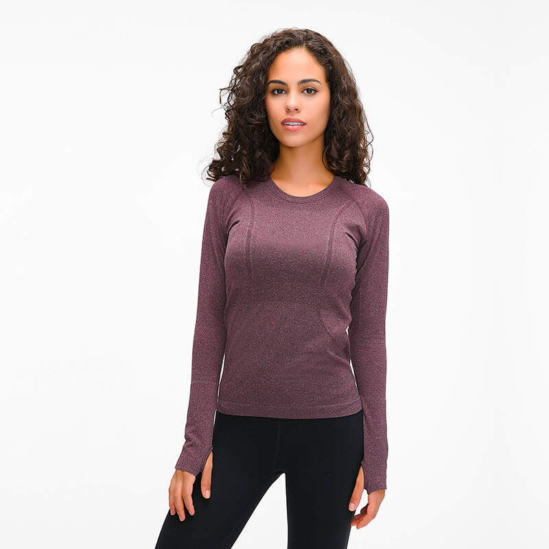 women seamless shirt, gym long sleeve top, yoga thumb hole shirt, fitness running shirt, sweat-wicking activewear