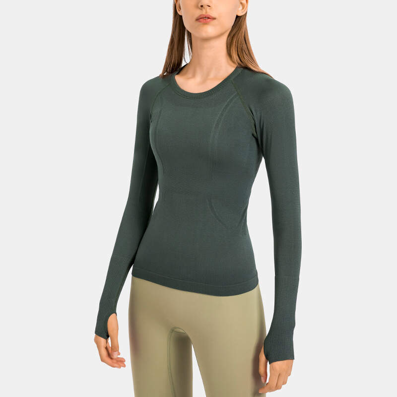 women seamless shirt, gym long sleeve top, yoga thumb hole shirt, fitness running shirt, sweat-wicking activewear