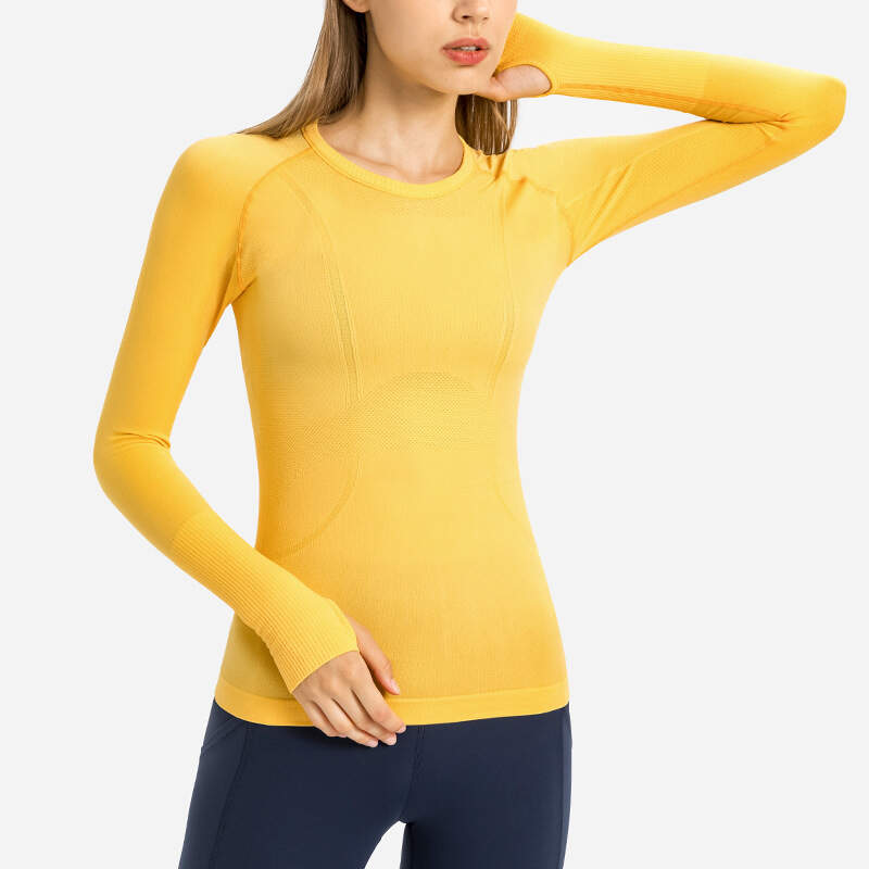 women seamless shirt, gym long sleeve top, yoga thumb hole shirt, fitness running shirt, sweat-wicking activewear