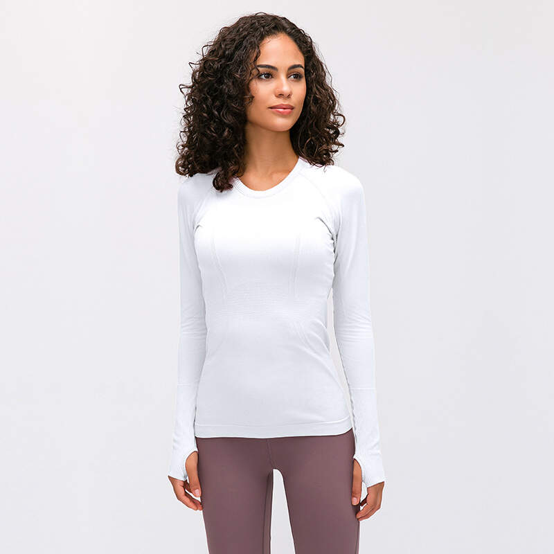 women seamless shirt, gym long sleeve top, yoga thumb hole shirt, fitness running shirt, sweat-wicking activewear