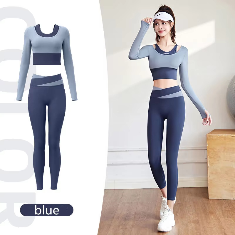 Yoga Sportswear Set Color-blocking Long-Sleeved T-shirt Gym High Waist Sport Outfit Fitness Tights