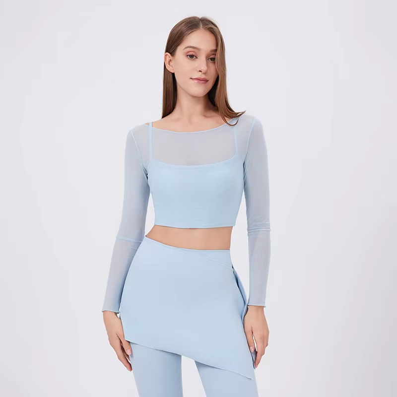 mesh sports shirt women, fake two-piece yoga top, quick dry fitness shirt, slim fit sportswear, chest pad workout top