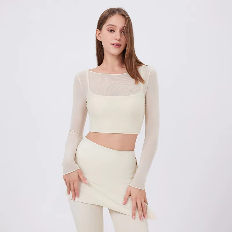 mesh sports shirt women, fake two-piece yoga top, quick dry fitness shirt, slim fit sportswear, chest pad workout top