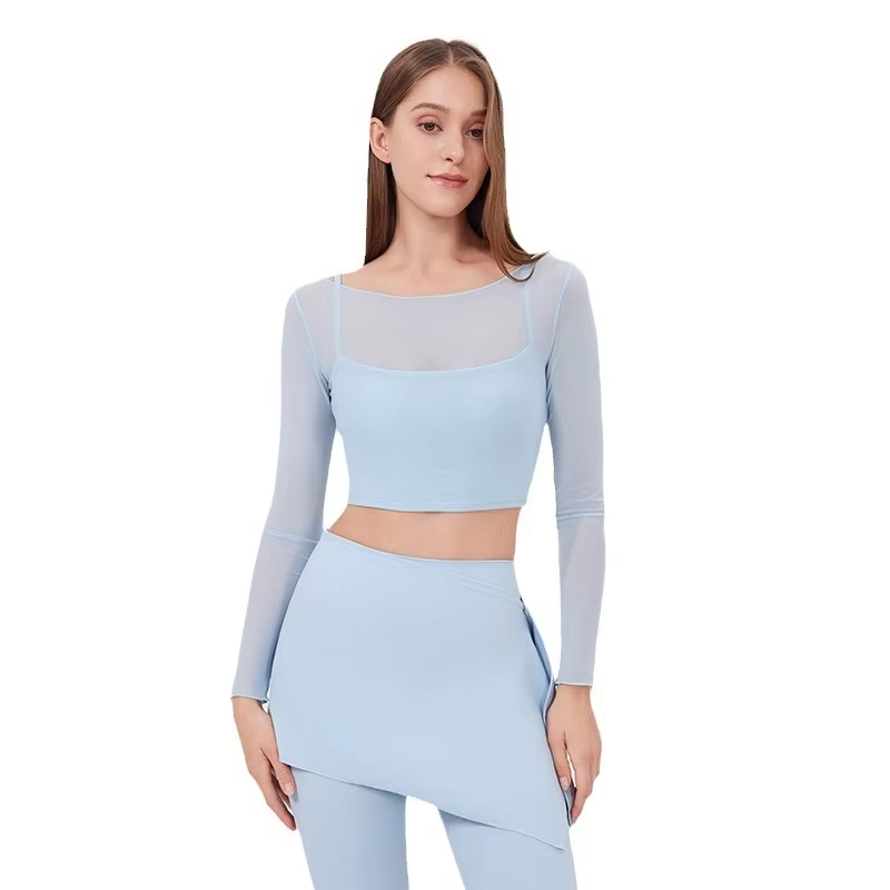 mesh sports shirt women, fake two-piece yoga top, quick dry fitness shirt, slim fit sportswear, chest pad workout top
