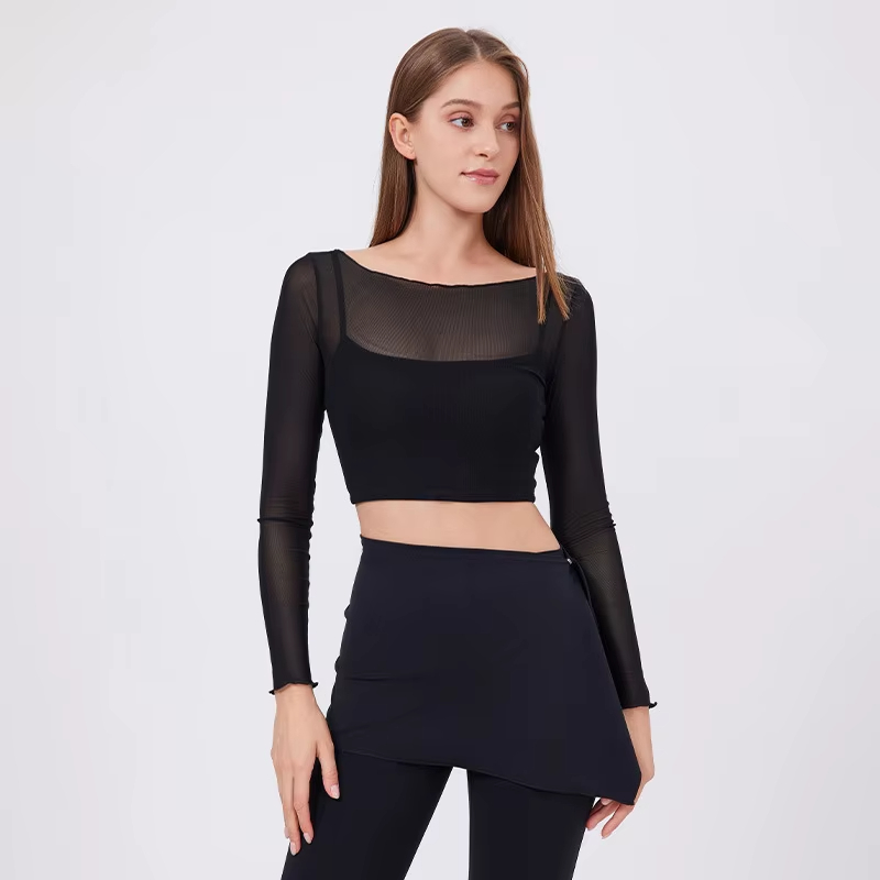 mesh sports shirt women, fake two-piece yoga top, quick dry fitness shirt, slim fit sportswear, chest pad workout top