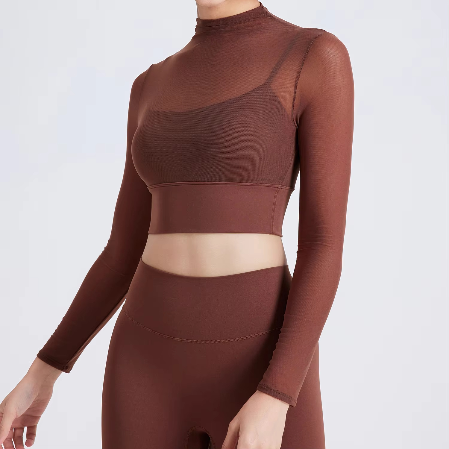 padded yoga crop top, mesh workout shirt, long sleeve gym top, sexy fitness shirt, women’s yoga shirt