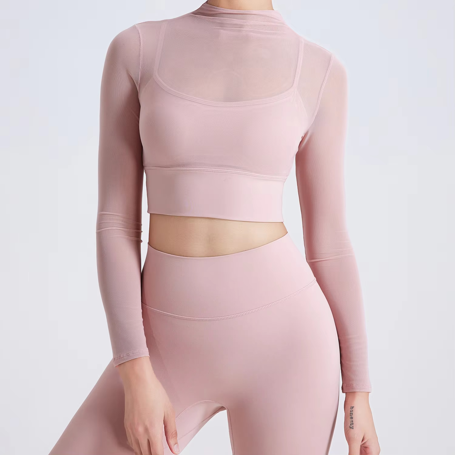 padded yoga crop top, mesh workout shirt, long sleeve gym top, sexy fitness shirt, women’s yoga shirt