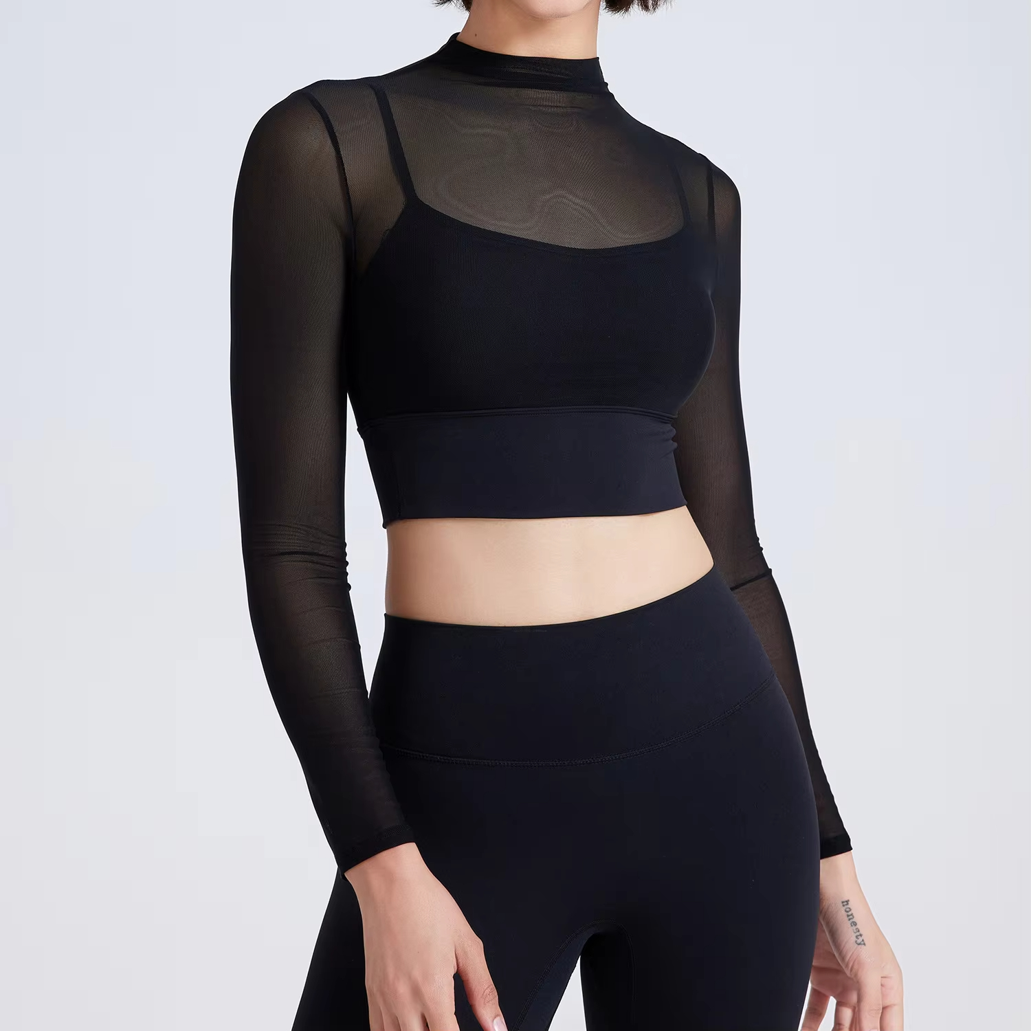padded yoga crop top, mesh workout shirt, long sleeve gym top, sexy fitness shirt, women’s yoga shirt