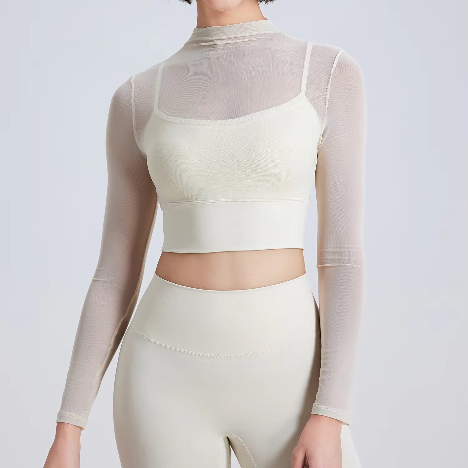 padded yoga crop top, mesh workout shirt, long sleeve gym top, sexy fitness shirt, women’s yoga shirt