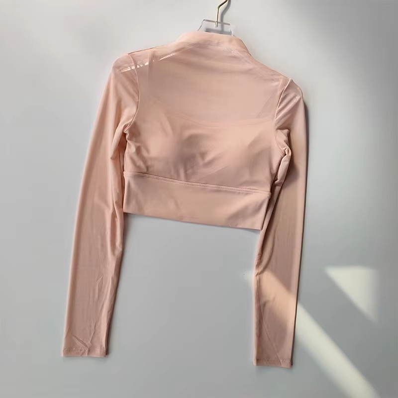 padded yoga crop top, mesh workout shirt, long sleeve gym top, sexy fitness shirt, women’s yoga shirt
