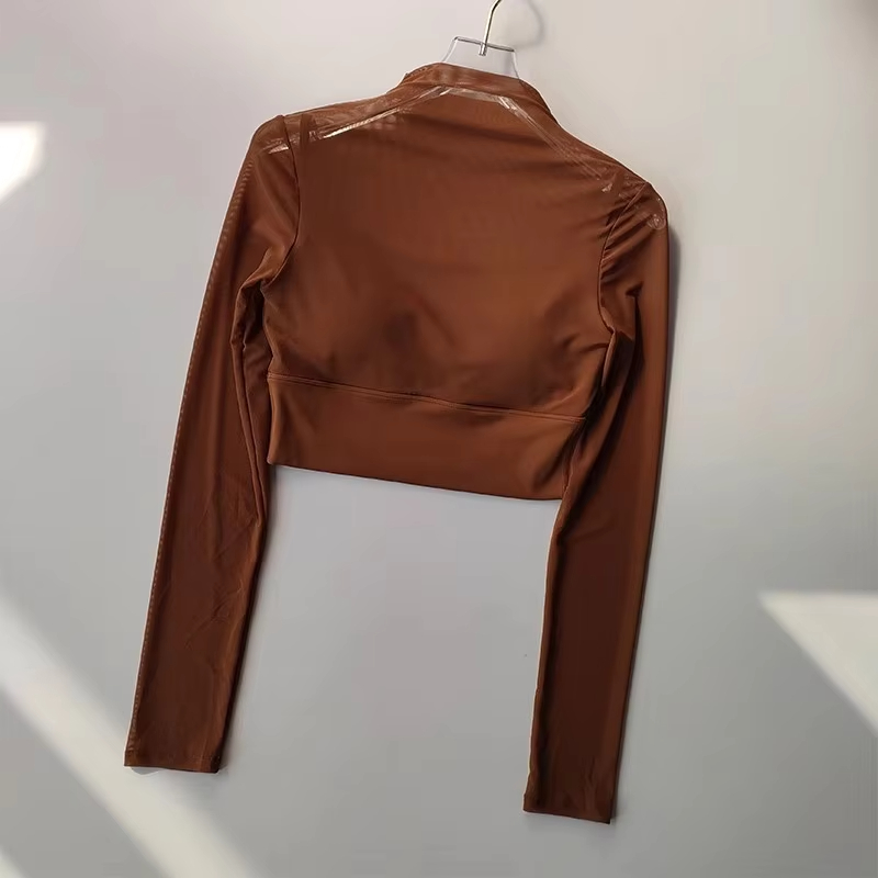 padded yoga crop top, mesh workout shirt, long sleeve gym top, sexy fitness shirt, women’s yoga shirt
