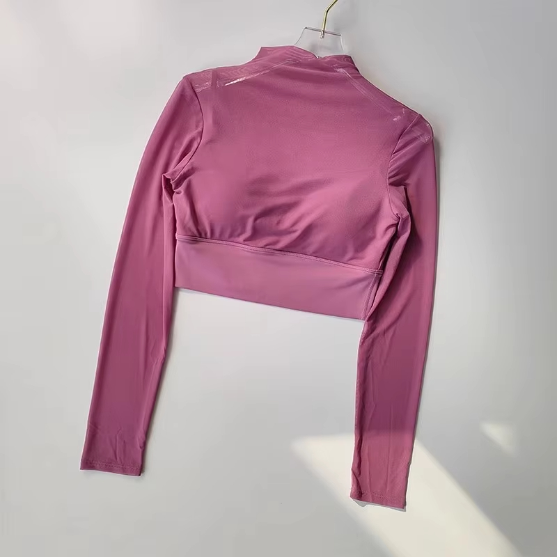 padded yoga crop top, mesh workout shirt, long sleeve gym top, sexy fitness shirt, women’s yoga shirt